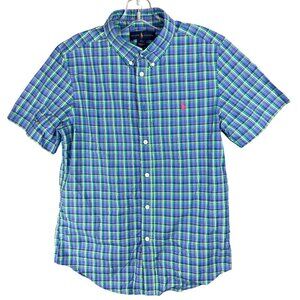 Ralph Lauren Shirt Boys  L (14-16) Plaid Short Sleeve Green/Blue Cotton